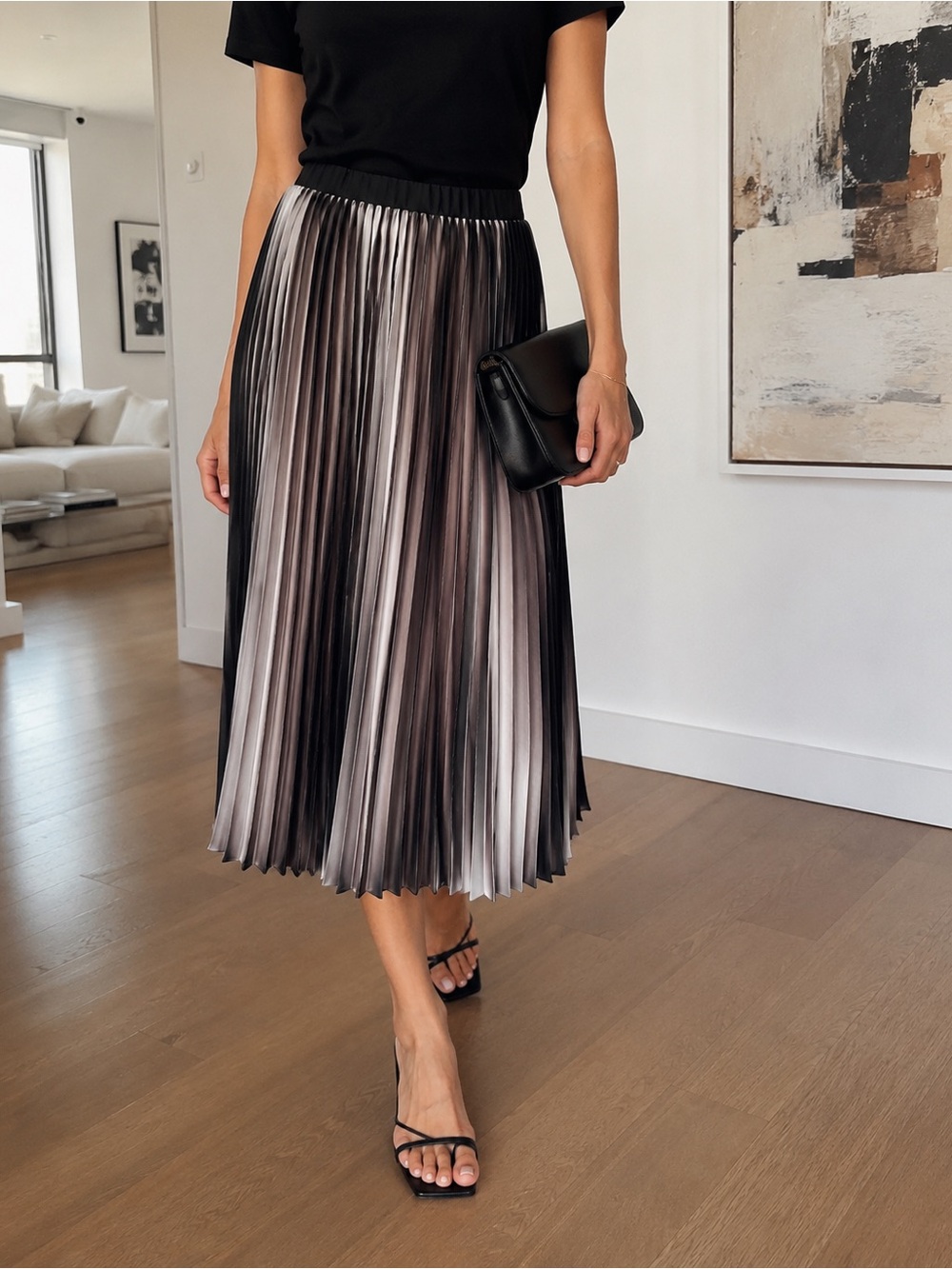 Eileen Fisher Ombré Pleated Midi Skirt in Black, White, and Graphite - XS
